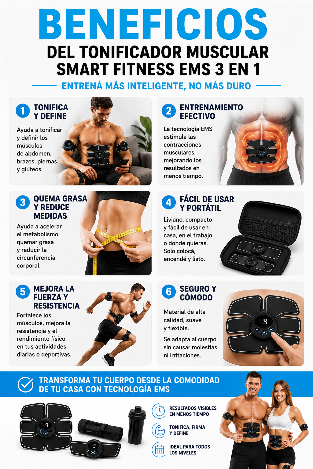 Kit Tonificador Muscular Smart Fitness EMS 3 en 1 (Abdomen + Brazos de Regalo🎁 )